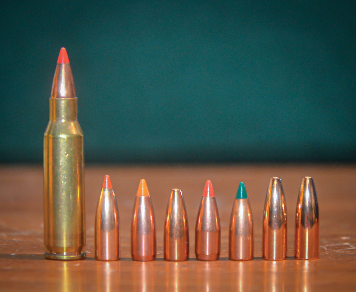 As proven by Remington engineers who designed the 221 Fireball, a 40-grain bullet is the optimum weight for the cartridge. Even so, slightly heavier bullets are a bit better at bucking strong winds and can be quite accurate as well: (1) Round loaded with 40 Nosler Ballistic Tip, (2) 35 Nosler LF Ballistic Tip, (3) Nosler Ballistic Tip, (4) 40 Berger Varmint FBHP, (5) 40 Hornady V-MAX, (6) 40 Sierra BlitzKing, (7) 50 Berger Varmint FBHP and (8) 52 Berger Varmint FBHP.