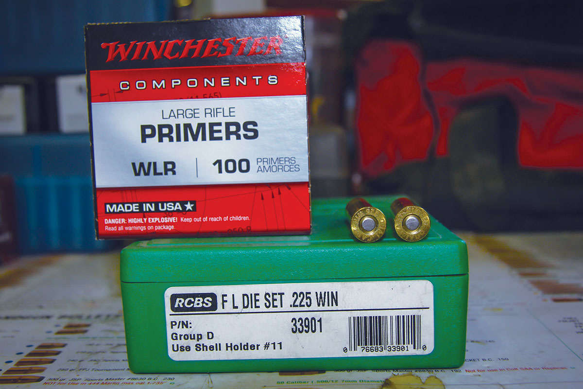 Winchester WLR primers, RCBS Group D full-length dies and Quality Cartridge brass were used to assemble all 225 Winchester loads.