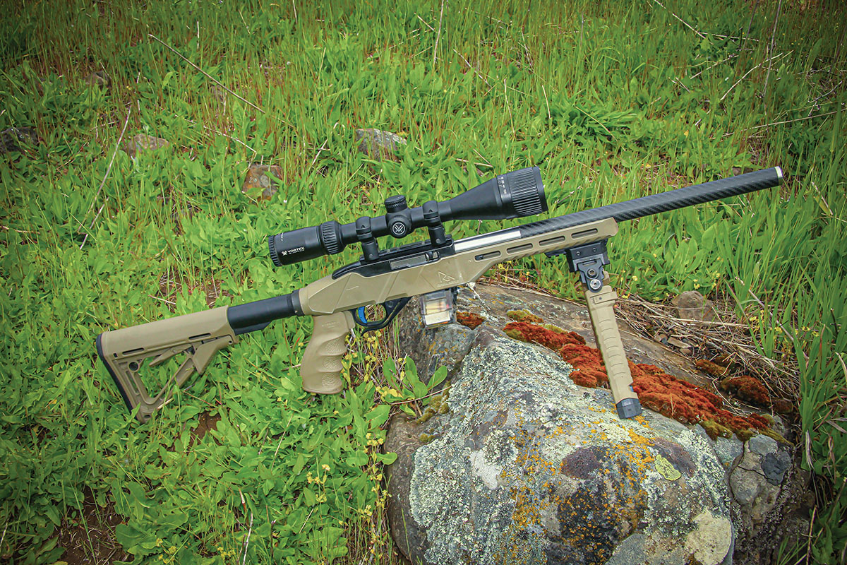 This is Patrick’s lightweight walkabout Ruger 10/22 build. Based on a Rival Arms R-22 chassis with F.A.B. Defense pistol grip and MagPul  CTR Carbine Stock, Volquartsen carbon tension barrel, Timney Trigger group and clear-mag, 30-round, Tri-Mag system.