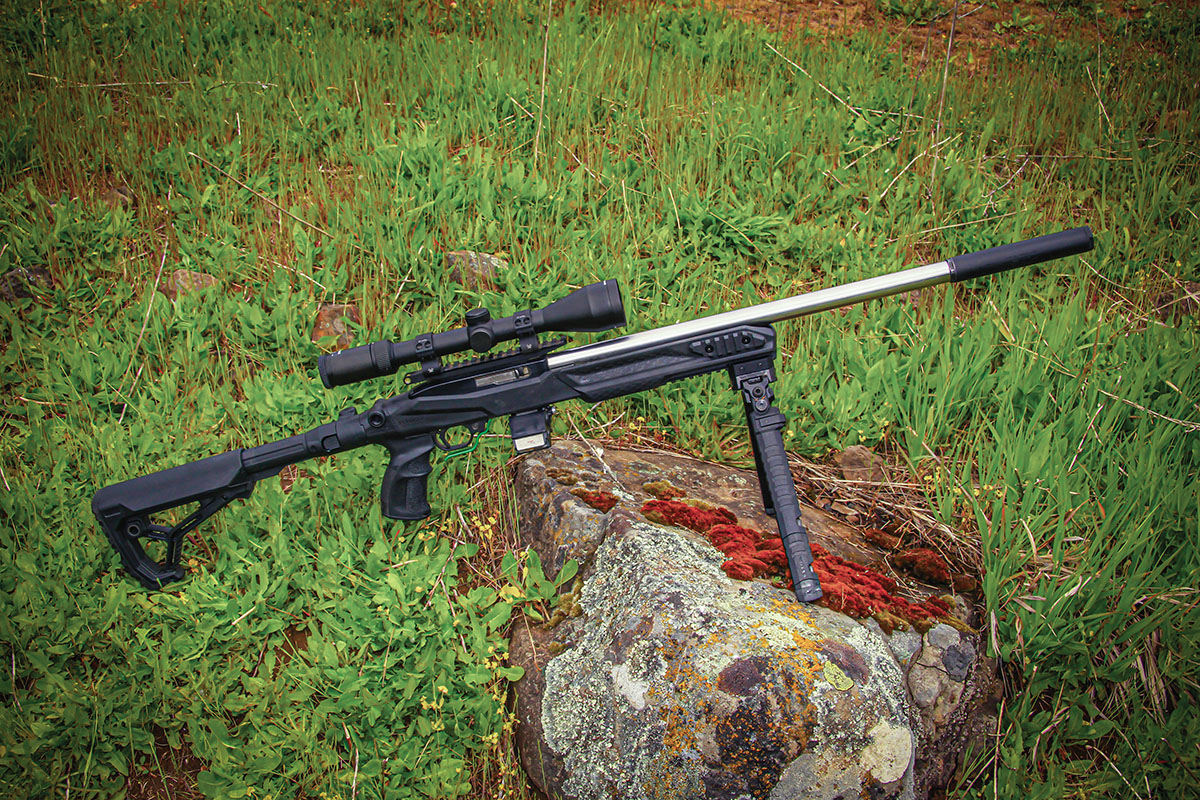 This Ruger 10/22 build is based on a F.A.B. Defense UAS-R Chassis with a highly adjustable and folding stock, a heavy Volquartsen stainless steel bull barrel and a Ruger BX trigger group. It is compatible with Patrick’s preferred 30-round, Tri-Mag system.