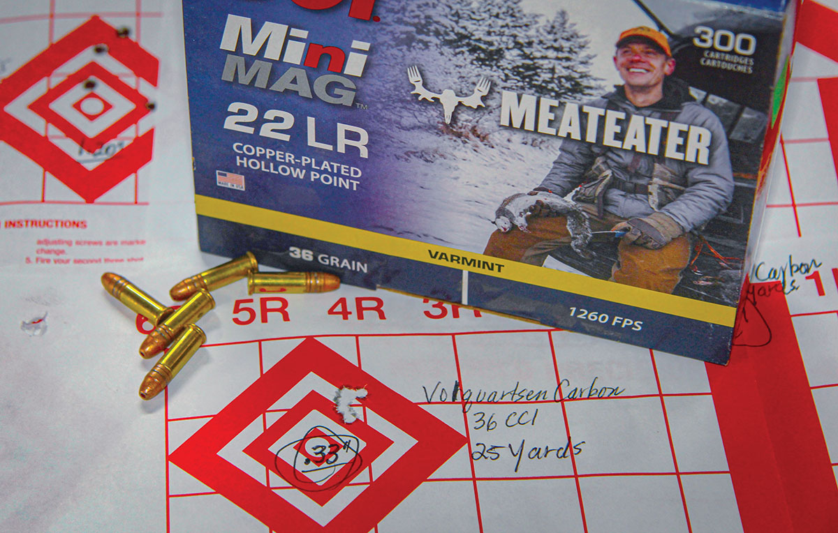 Volquartsen’s 16½-inch carbon tension barrel shot the smallest overall group average of the three 10/22 rifles tested. CCI Mini-Mag Varmint loads clustered into .33 inch at 1,225 fps from 25 yards.