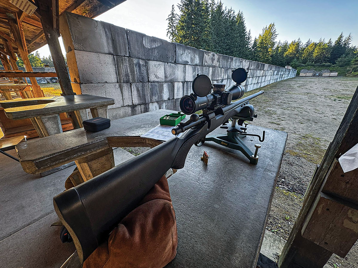 At the 100-yard range, testing handloads with the Remington 700 SPS Varmint using the Athlon Rangecraft Velocity Pro Radar Chronograph for velocity.