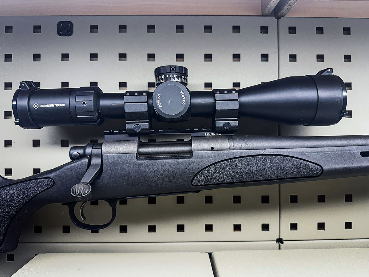 A Crimson Trace Optics Sport riflescope 4-16x 50mm MOA/FFP with MR1-MOA reticle, this optic sports a 30mm maintube, an illuminated reticle with Weaver scope rings and Leupold base.