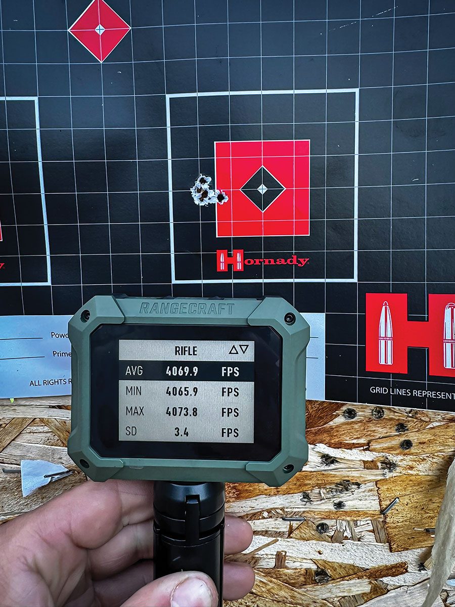 Velocity Results using Athlon Rangecraft Velocity Pro Radar Chronograph. Hornady V-MAX 20-grain and  19.0-grains of Shooters World The Patriot rifle powder.