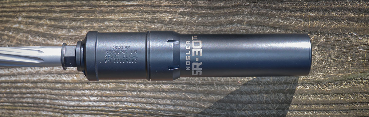 The barrel of the Shaw rifle was threaded 5/8-24, and it came with a thread protector attached. This Nosler SR30 Ti suppressor did an excellent job of reducing muzzle blast.