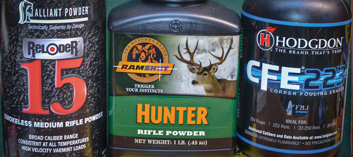 Shown here are three of many powders that are excellent choices for loading the 22-250 with bullets of various weights.