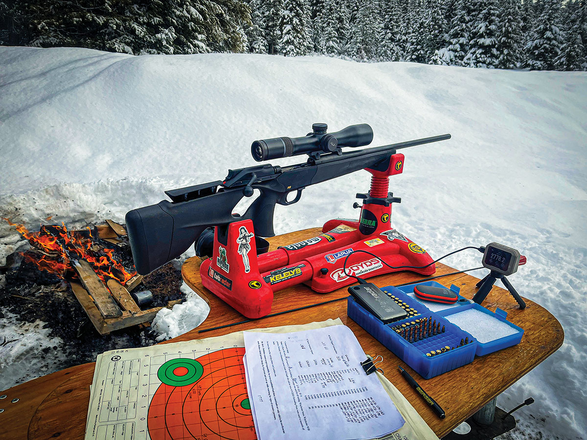 Shooting the R8 Ultimate X was conducted on a cold, blustery day with snow sifting from the sky. A fire was started to thaw frozen fingers because the light trigger pull made wearing gloves dicey.