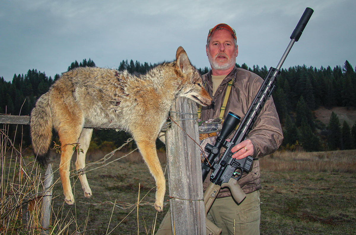 Patrick sniped this Idaho coyote from 285 yards using his parts-build AR-15 in 22 ARC. The Hornady 62-grain ELD-VT did slightly more damage to the pelt than he would have preferred during his fur-trading days.