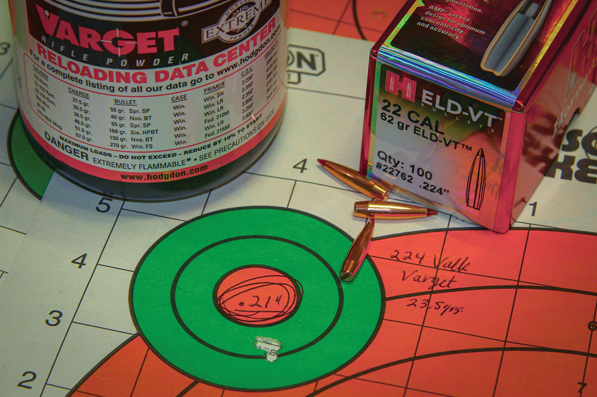 Patrick’s 1:7-twist Franchi Momentum Varmint 224 Valkyrie really liked the ELD-VT bullet, producing a .21-inch group using 23.5 grains of Hodgdon Varget, though velocity was a bit slow at 2,897 fps.