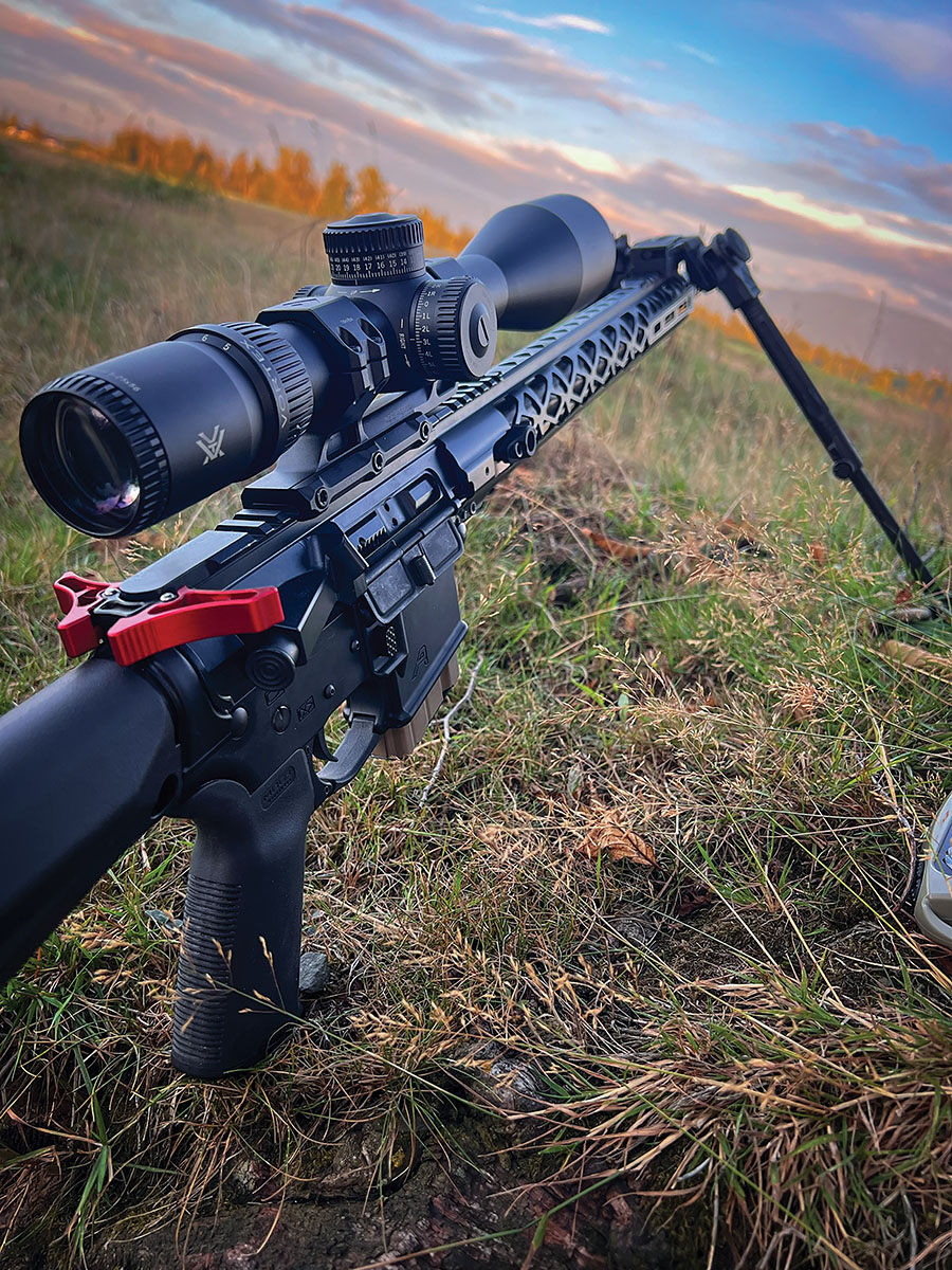 The 6mm ARC in the field doing some coyote hunting with the Vortex Venom 5-25x56, a Leapers UTG overbore bipod and handloaded Hornady 75-grain VMAX bullets.