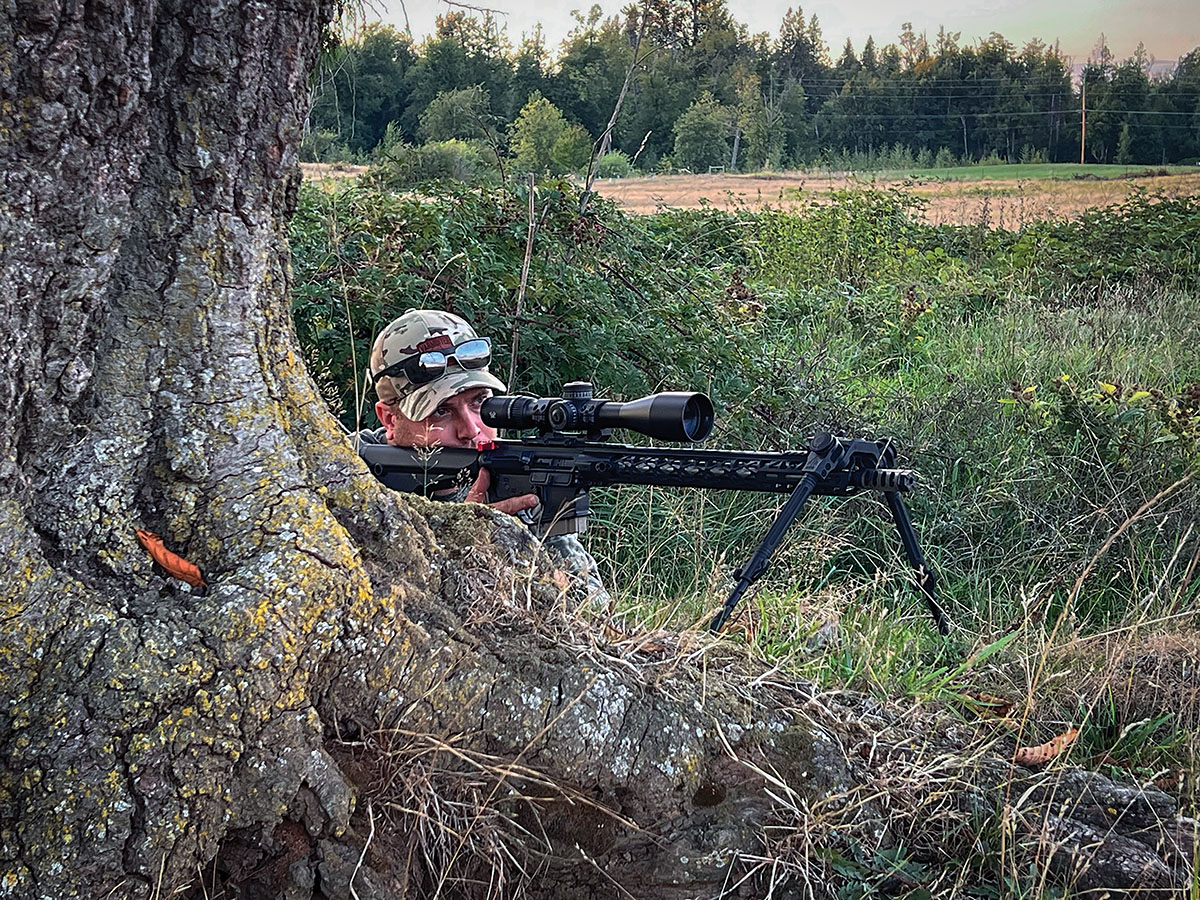 Here I am behind the 6mm ARC trying to do some bobcat calling. Using a Vortex Venom 5-25x56, a Leapers UTG overbore bipod and handloaded Fort Scott Munitions 90-grain SCP2 bullets.