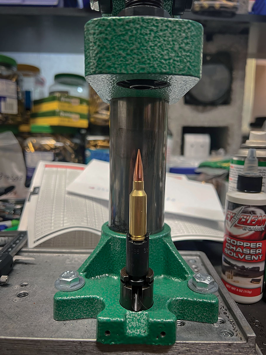 Seating Fort Scott Munitions 90-grain SCP2 bullet on what is becoming my favorite press – the RCBS Summit press with must-have MatchMaster dies.