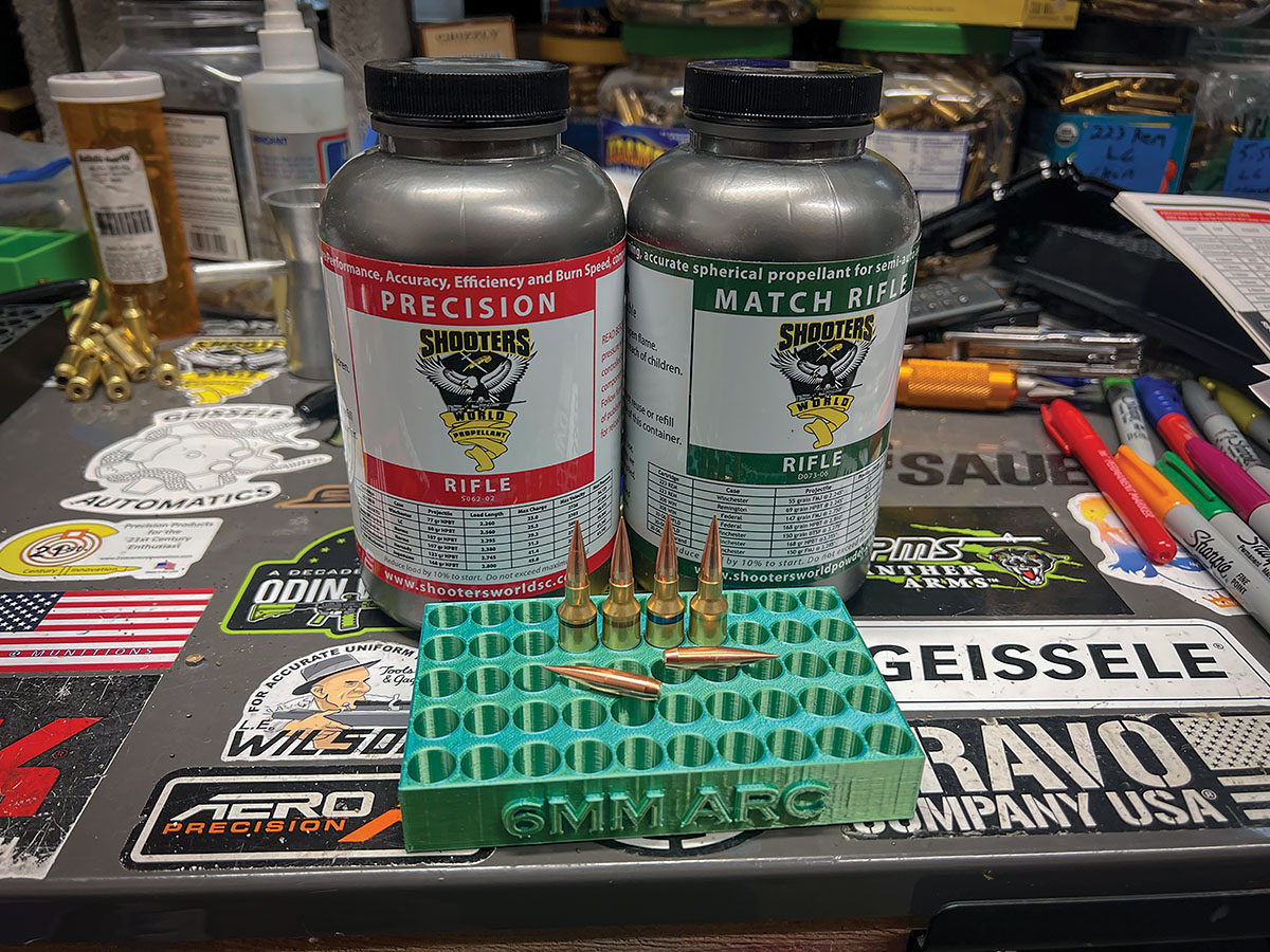 A Fort Scott Munitions 90-grain SCP2 bullet loaded for some testing with Shooters World Precision Rifle and Match Rifle powder.